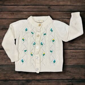 Vintage Style 2T Cream Knit Cardigan Embroidered Flowers Button Up Sweater